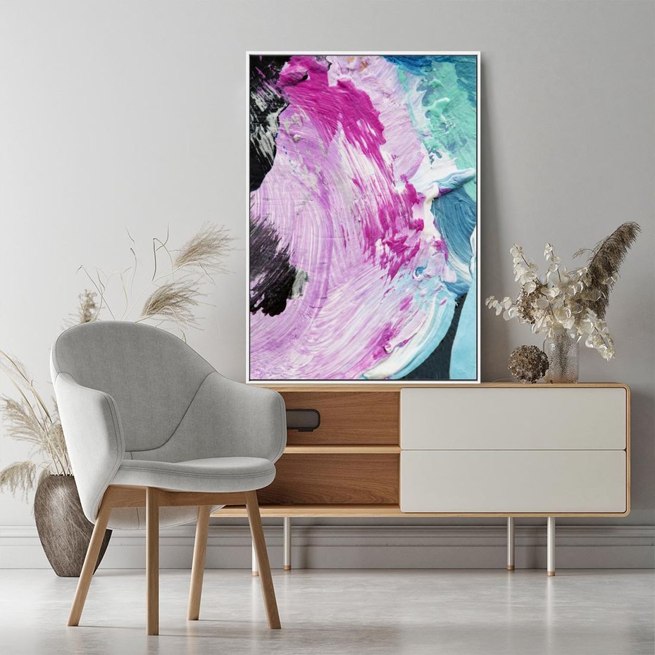 Obraz w ramie 80x120 - Kolorowy rój wyobraźni - rozlane kolorowe farby olejne, abstrakcja - rama biała