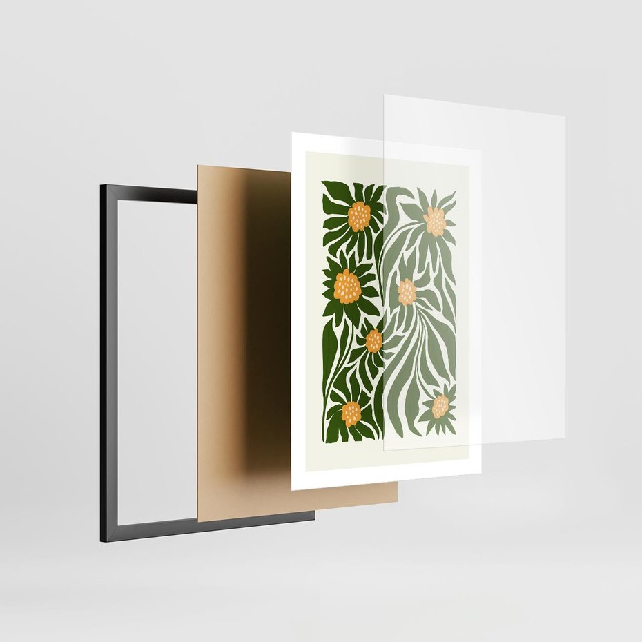 Plakat w ramie 50x70 - Spojrzenie wgłąb roślinnego świata - abstrakcyjne kwiaty, kompozycja - rama czarna