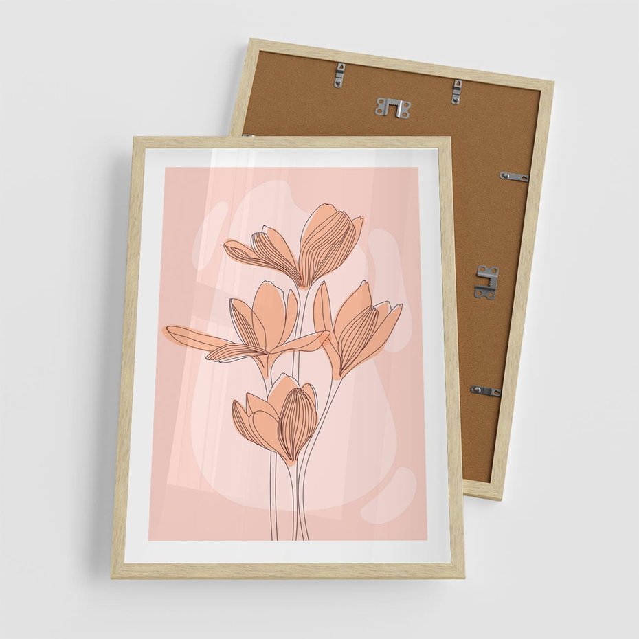 Plakat w ramie 50x70 - Przenikające Kształty - minimalistyczny plakat, pudrowe kwiaty - rama drewno
