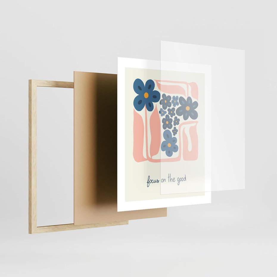 Plakat w ramie 40x50 - Linie kwiatowych marzeń - minimalistyczna kwiatowa kompozycja, pastelowe kolory - rama drewno