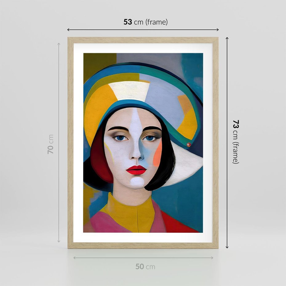 Plakat w ramie 50x70 - Kształtujące Widzenia - abstrakcyjny obraz olejny, portret twarzy kobiety - rama drewno