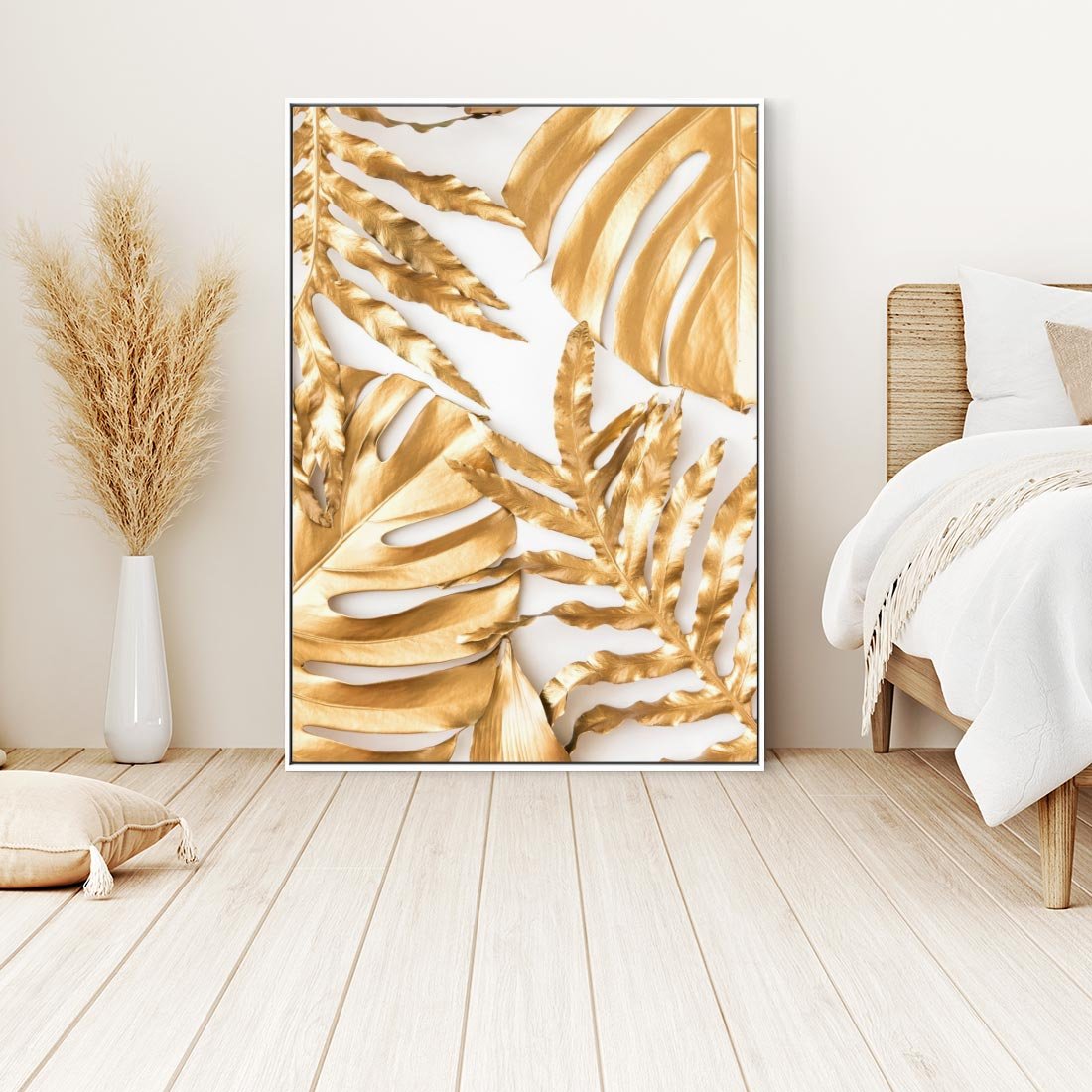 Obraz w ramie 80x120 - Monstera Złote Liście - monstera, złote - rama biała