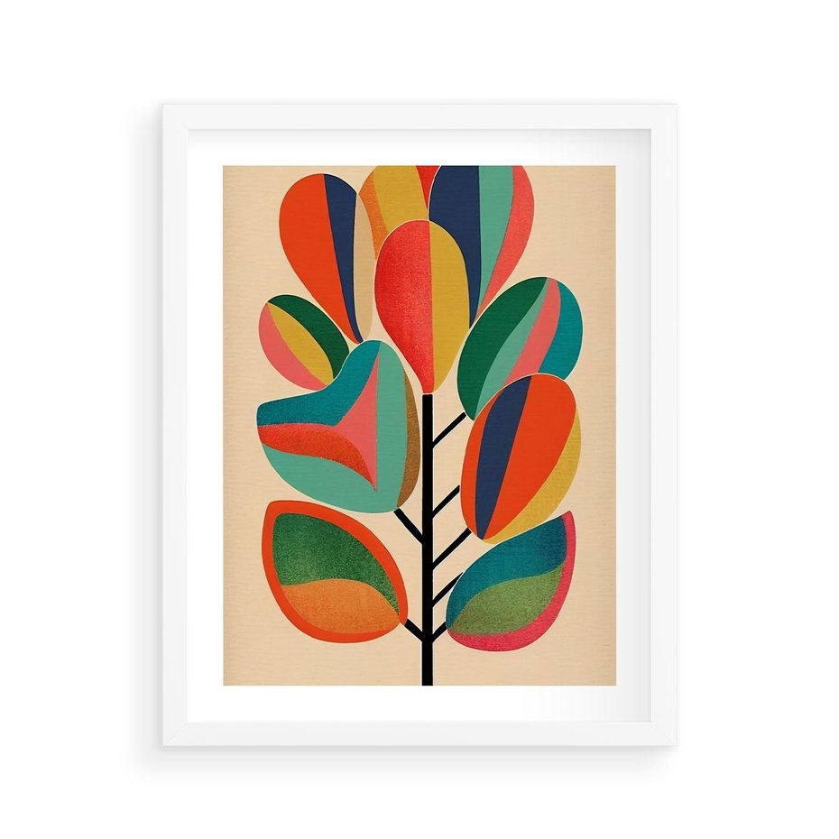 Plakat w ramie 40x50 - Wnętrza Kształtów - abstrakcyjny kolorowy tęczowy obraz, inspiracje roślinne - rama biała