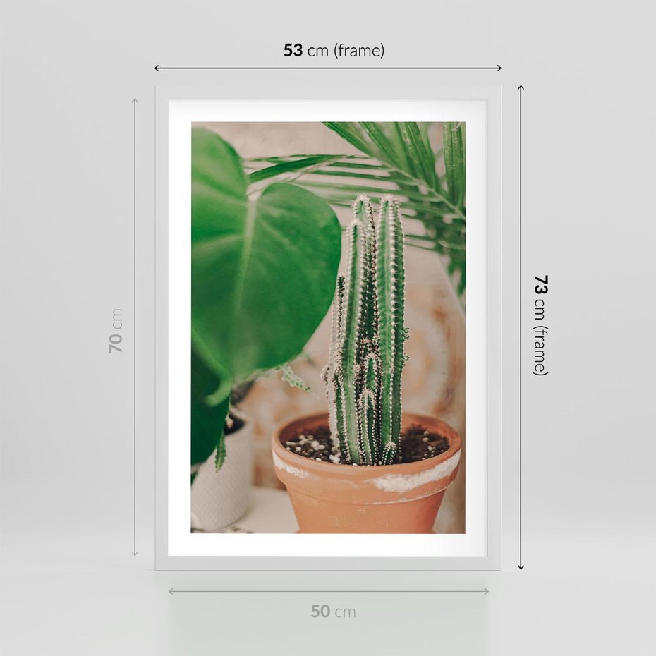 Plakat w ramie 50x70 - Boho Urok - kaktus w doniczce, gliniana doniczka - rama biała