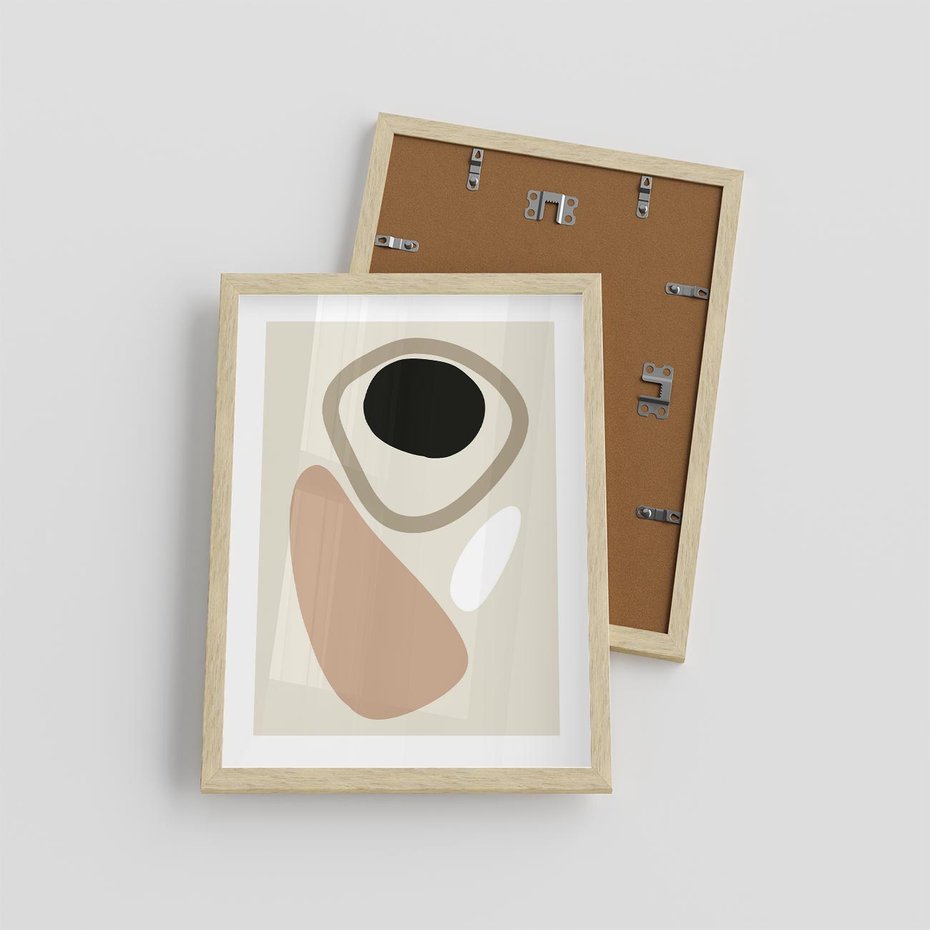 Plakat w ramie 30x40 - Beżowa Synergia - beżowa abstrakcyjna kompozycja, czarny akcent - rama drewno