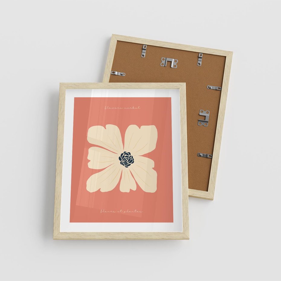 Plakat w ramie 40x50 - Malowane Kolorowe Echa - minimalistyczna grafika, biały kwiat na różowym tle - rama drewno