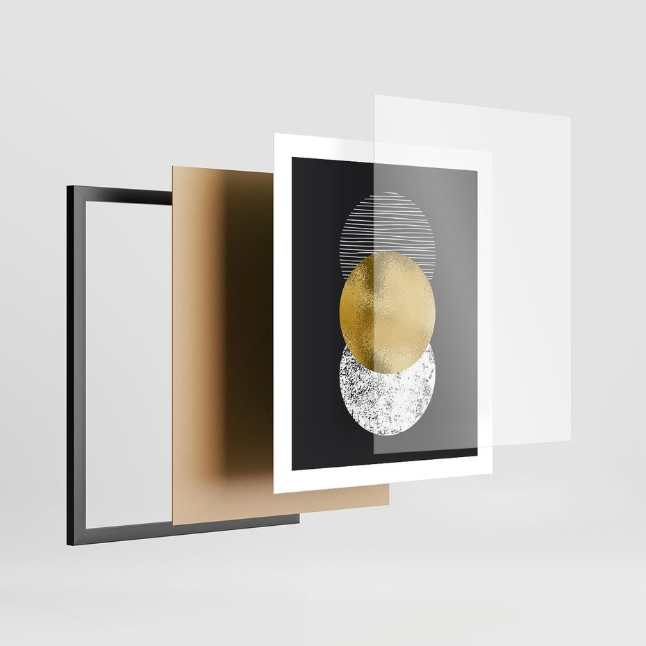 Plakat w ramie 40x50 - Geometryczna Perfekcja: Złote Koło - geometryczna grafika, złote koło - rama czarna