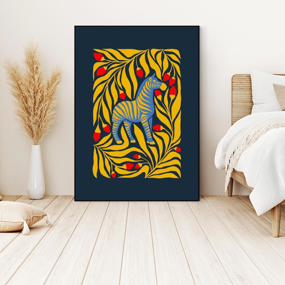 Obraz w ramie 50x70 - Wibracje Wyobraźni - zebra, granatowe tłó - rama czarna