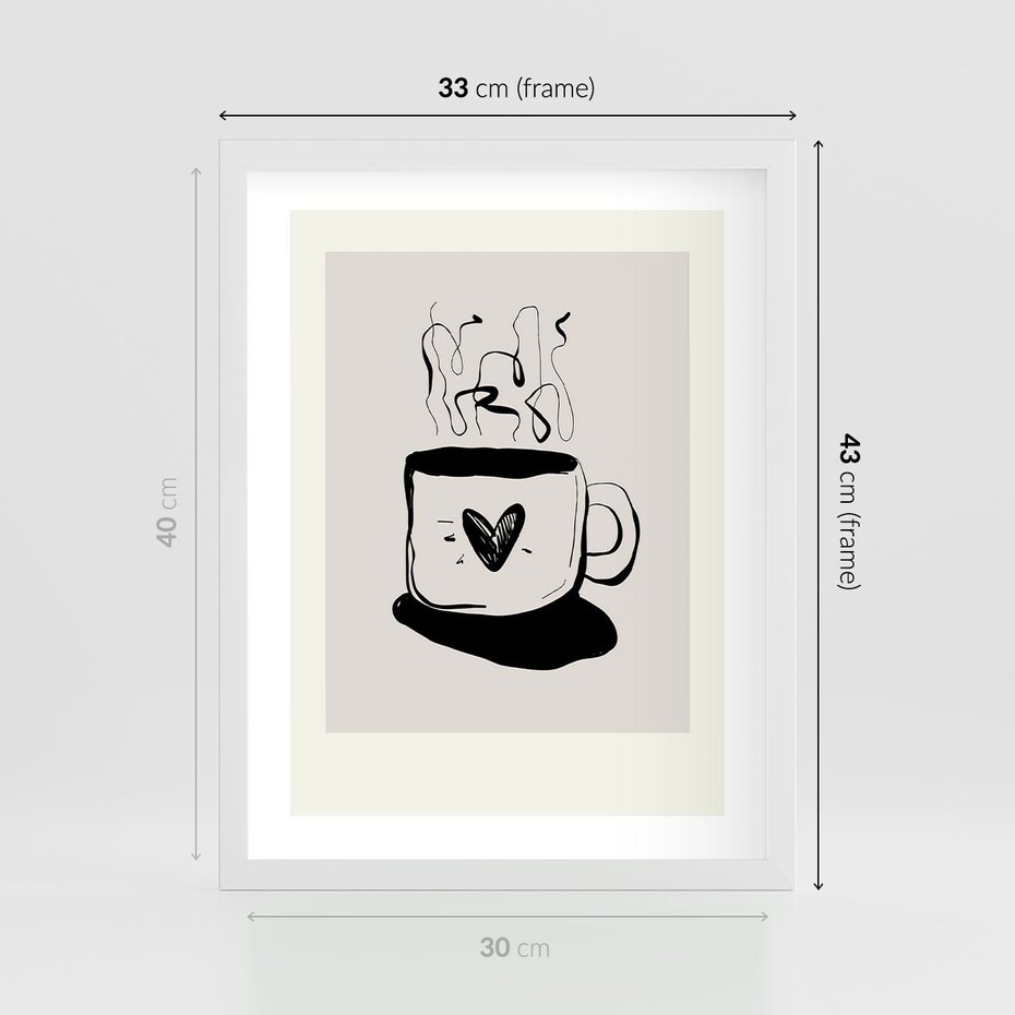 Plakat w ramie 30x40 - Grafika Kubka w Czerni i Bieli - kubek, grafika - rama biała