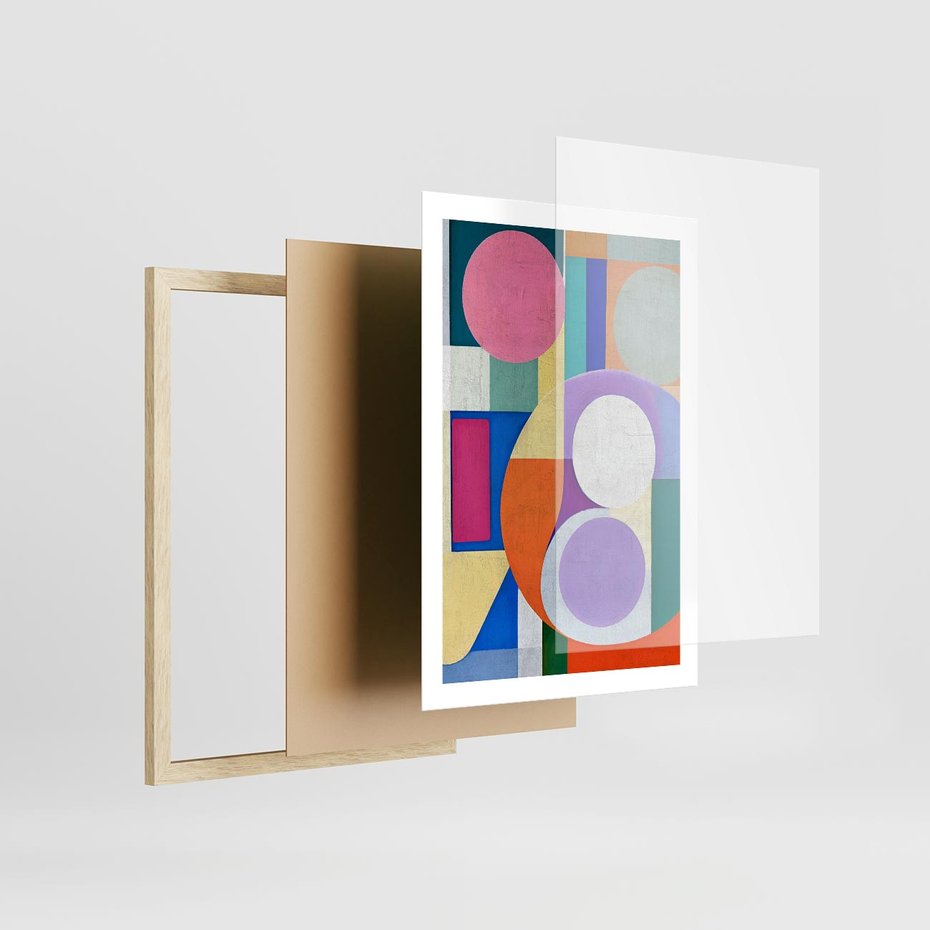 Plakat w ramie 50x70 - Migotliwe Impulsy Dźwięku - różne geometryczne formy, koła - rama drewno