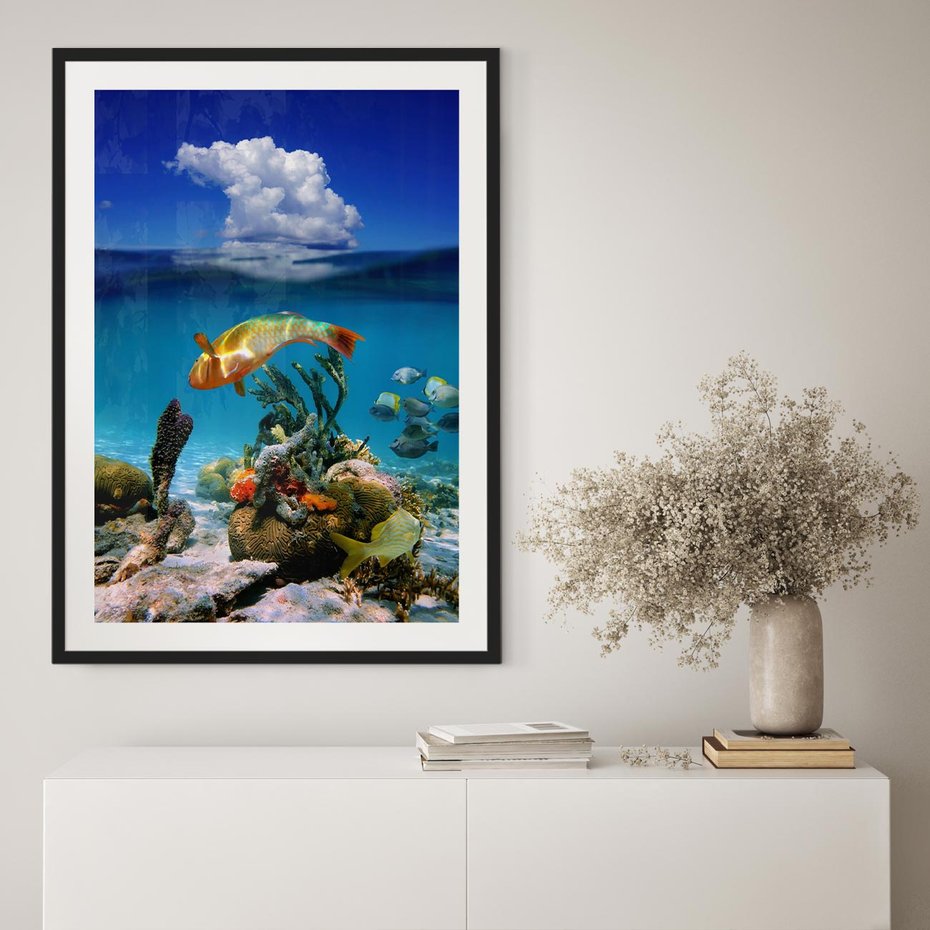 Plakat w ramie 30x40 - Podwodna rafa koralowa: kolorowy oceanowy świat - rafa, koralowa - rama czarna