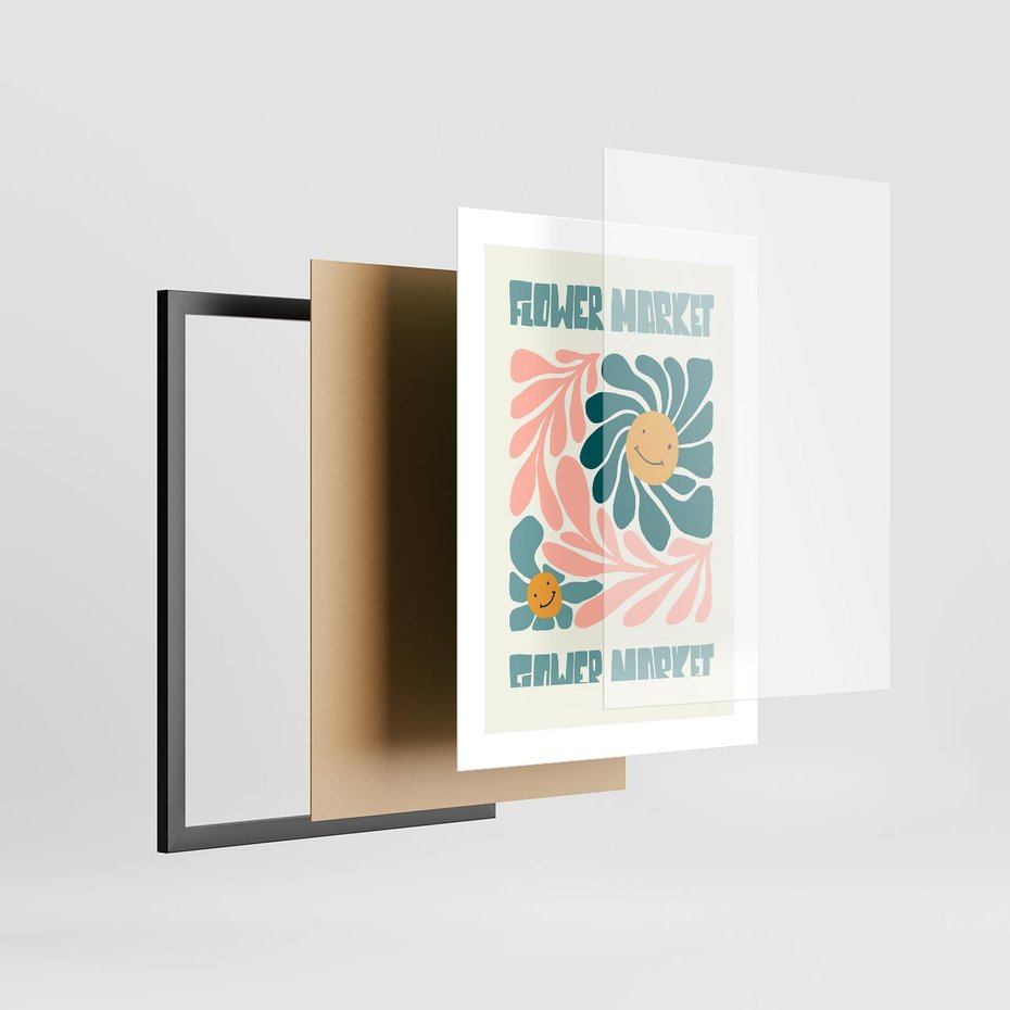 Plakat w ramie 30x40 - Harmonia płatków kwiatów - kwiatowa retro kompozycja, pastelowe kolory - rama czarna