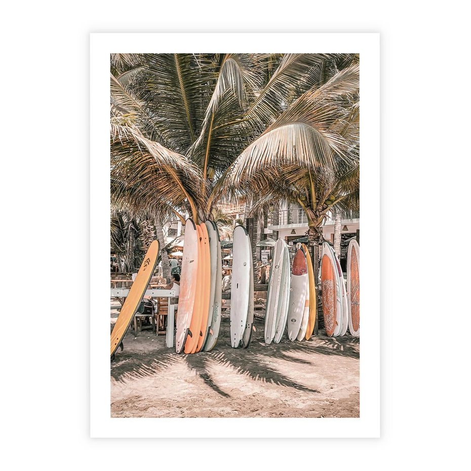 Plakat bez ramy 40x50 - Surfingowy Raj - deski surfingowe, na plaży