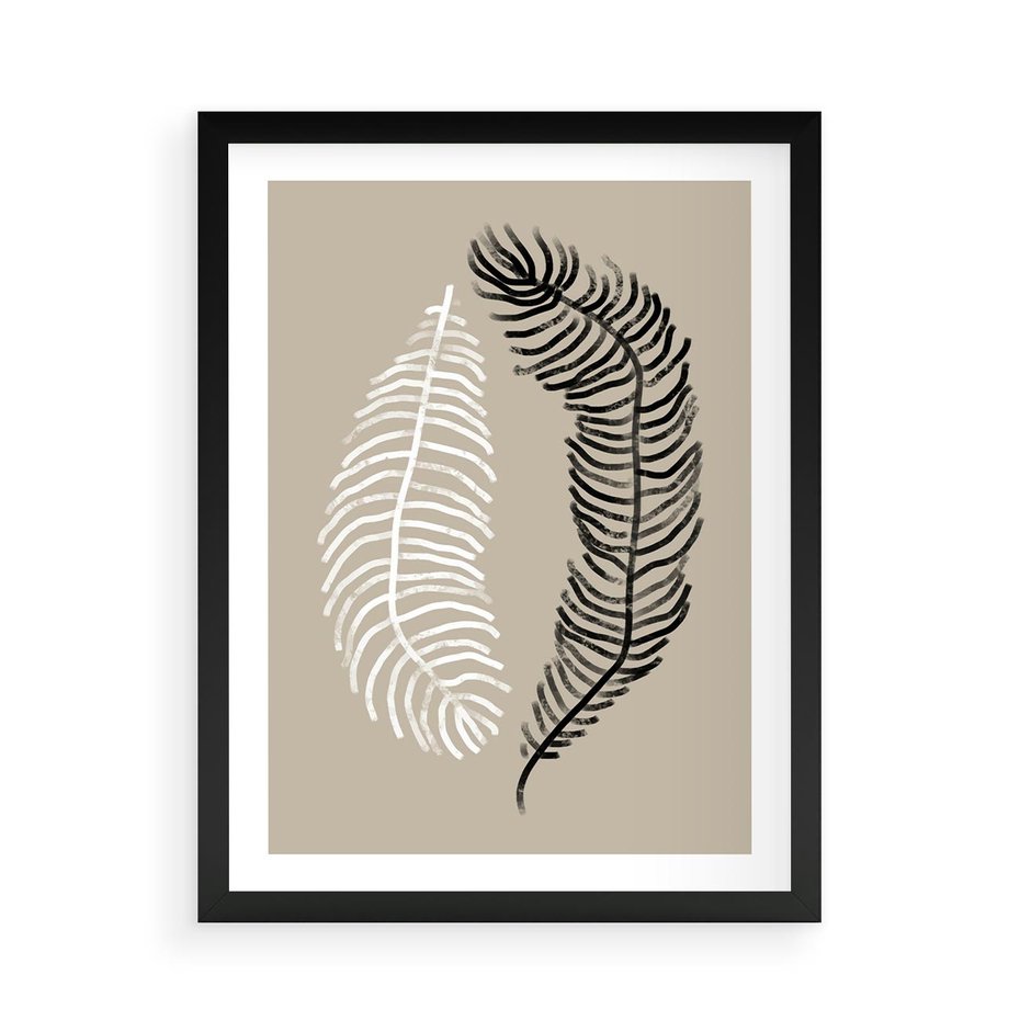 Plakat w ramie 50x70 - Spleciona Harmonia - sztuka nowoczesna, białe i czarne pióro - rama czarna