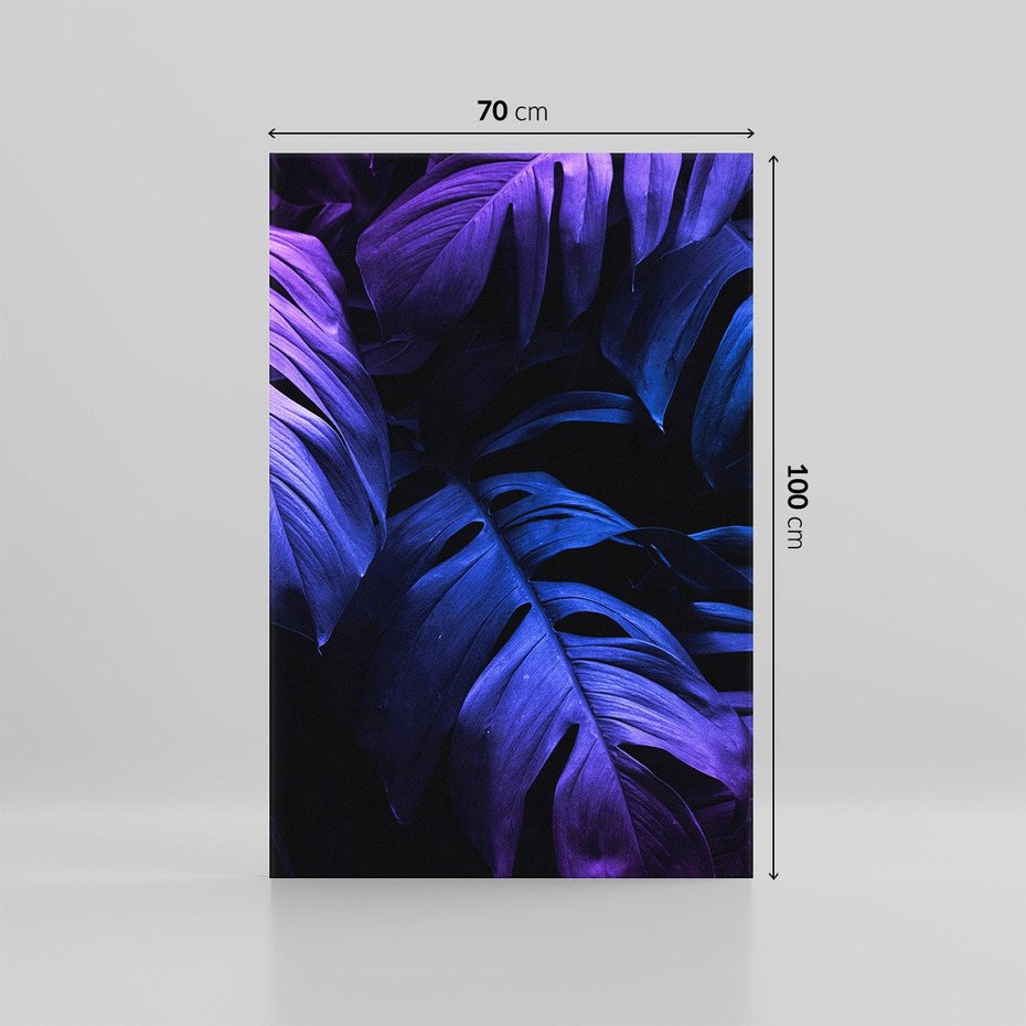Obraz na płótnie 70x100 - Mroczna Magia Dżungli - mroczna grafika, fioletowe liście monstery na czarnym tle