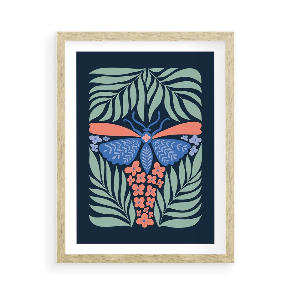 Plakat w ramie 50x70 - Granatowa Noc - granatowe tło, abstrajcyjna ćma - rama drewno