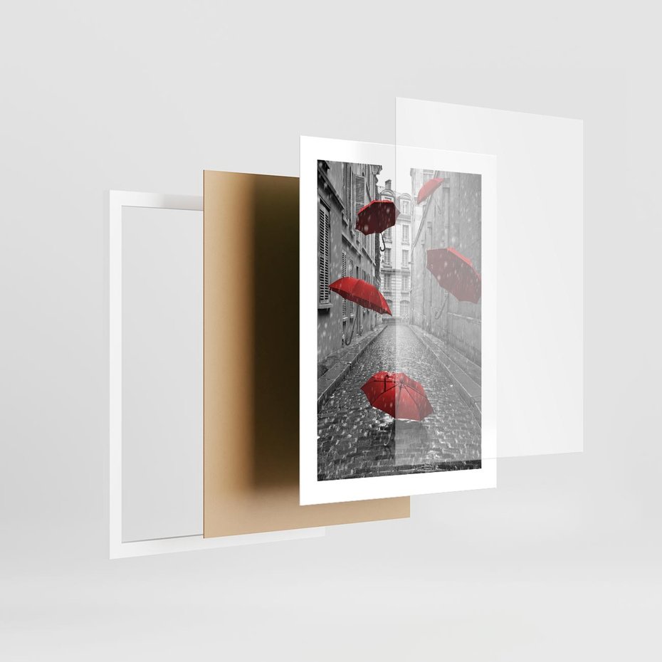 Plakat w ramie 30x40 - Parasole w malowniczej uliczce - parasole, uliczka - rama biała