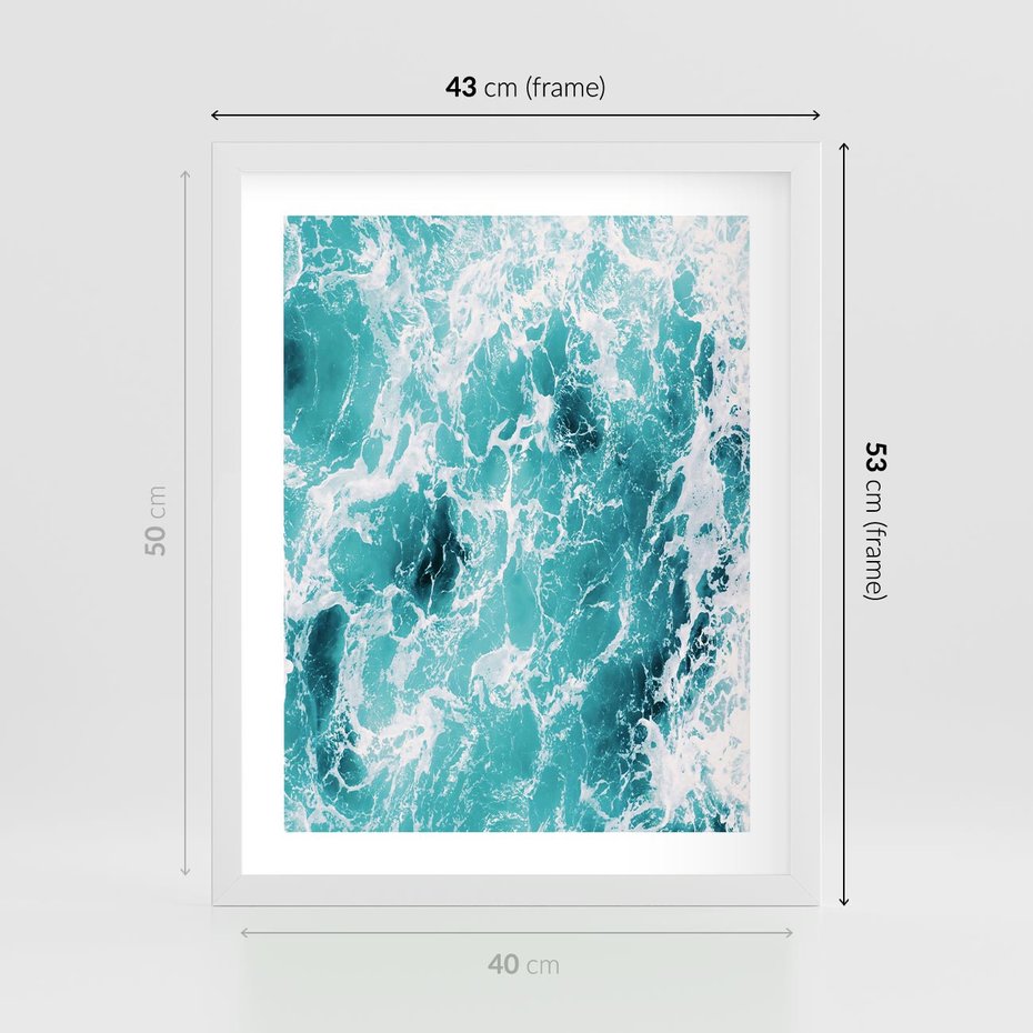 Plakat w ramie 40x50 - Wzburzony Ocean: Widok Z Góry - wzburzony ocean, błękitna woda - rama biała