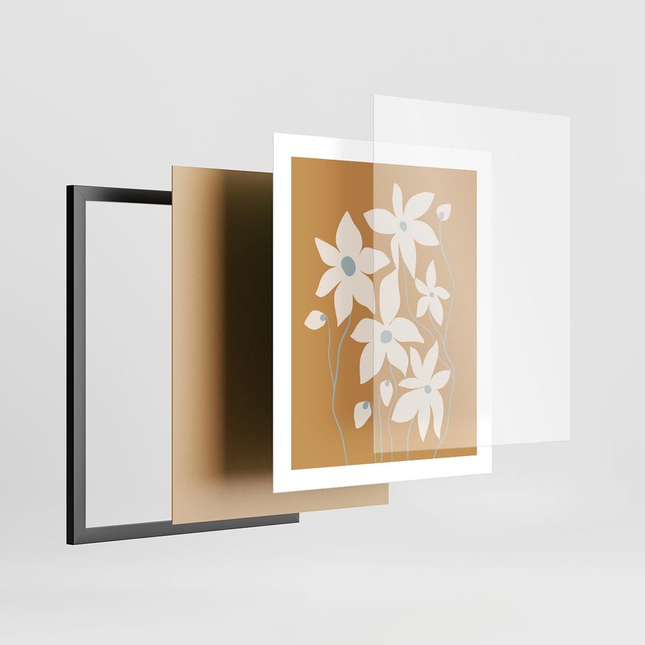 Plakat w ramie 40x50 - Kwiatowy Spektakl - minimalistyczne kwiaty, na pomarańczowym tle - rama czarna