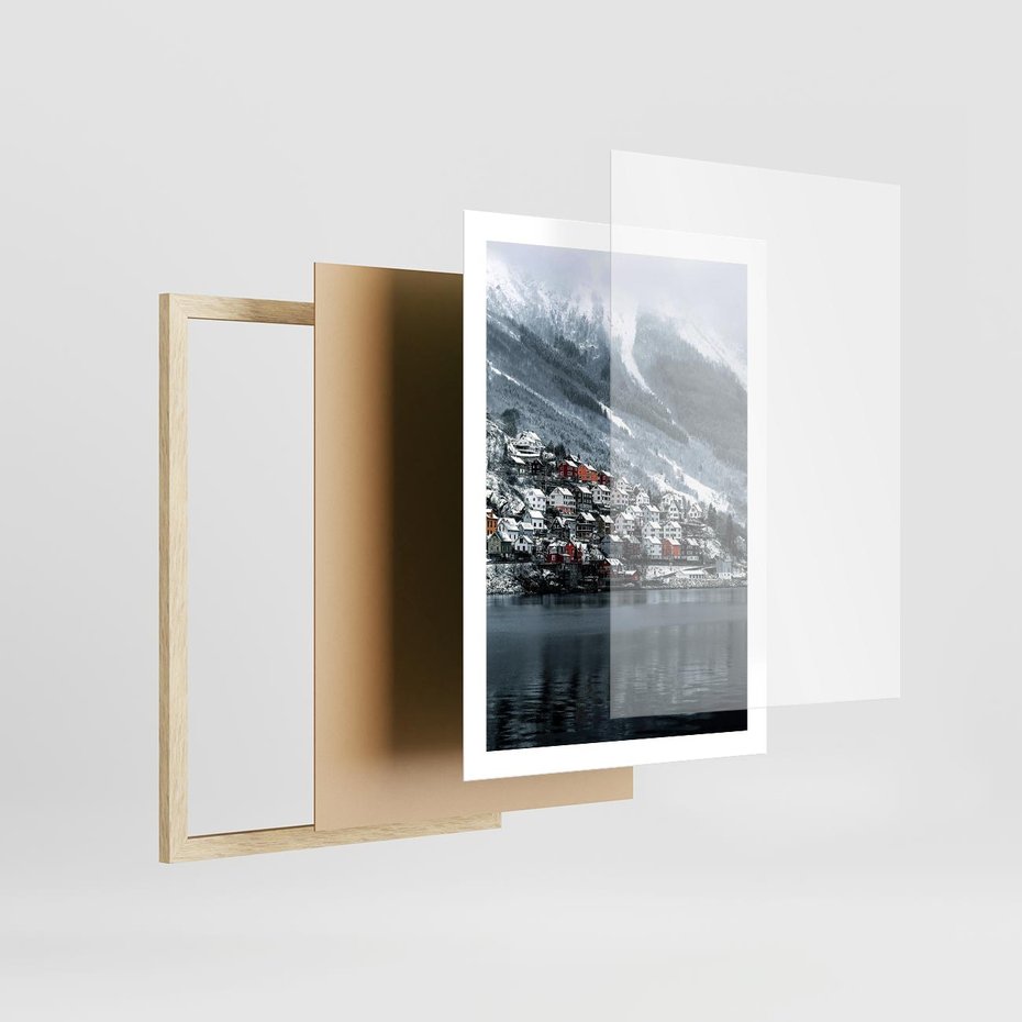 Plakat w ramie 50x70 - Skandynawia na Wzgórzach - domki na wzgórzu, skandynawia - rama drewno