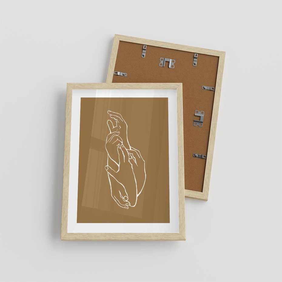 Plakat w ramie 30x40 - Splecione Dłonie - szkic, minimalizm - rama drewno