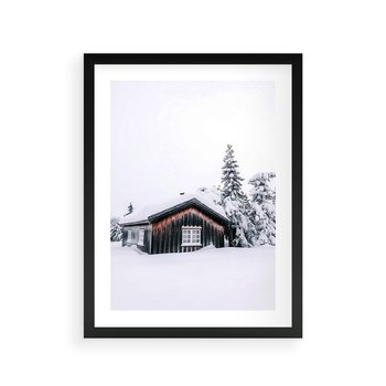 Plakat w ramie 40x50 - Zimowy Azyl: Domek w Górach - domek w górach, śnieg - rama czarna