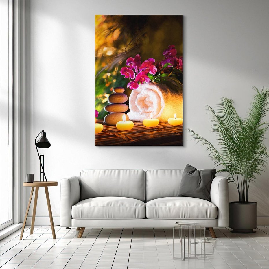 Obraz na płótnie 80x120 - Relaksujące spa z płonącymi świecami - spa, świece