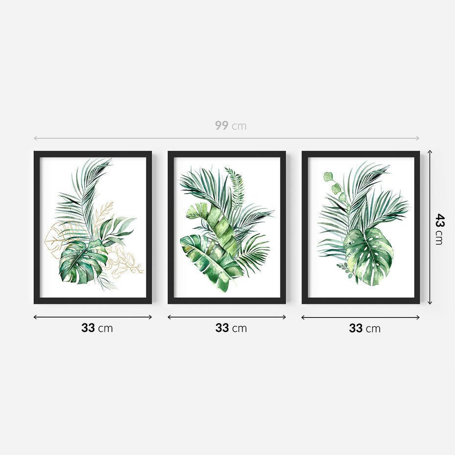Zestaw obrazy w ramie 30x40 galeria - Liście, monstera, palma, złote, akwarele - rama czarna