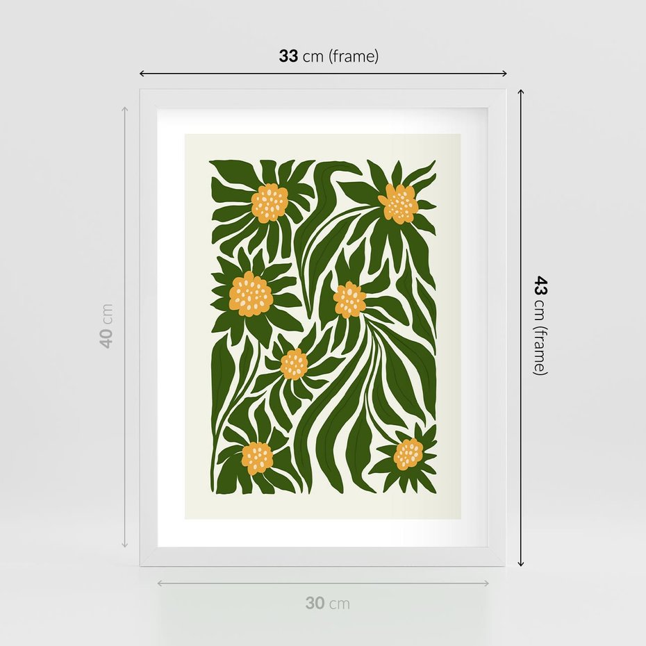 Plakat w ramie 30x40 - Spojrzenie wgłąb roślinnego świata - abstrakcyjne kwiaty, kompozycja - rama biała