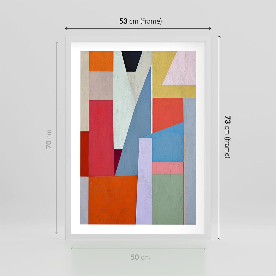 Plakat w ramie 50x70 - Migotliwe Nastroje Kształtów - różne geometryczne formy, olejny obraz - rama biała