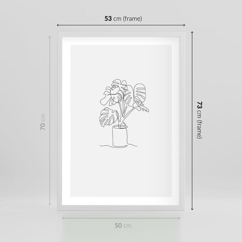 Plakat w ramie 50x70 - Tajemnicza Harmonia - sztuka one line, monstera - rama biała