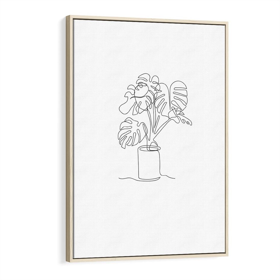 Obraz w ramie 80x120 - Tajemnicza Harmonia - sztuka one line, monstera - rama drewno