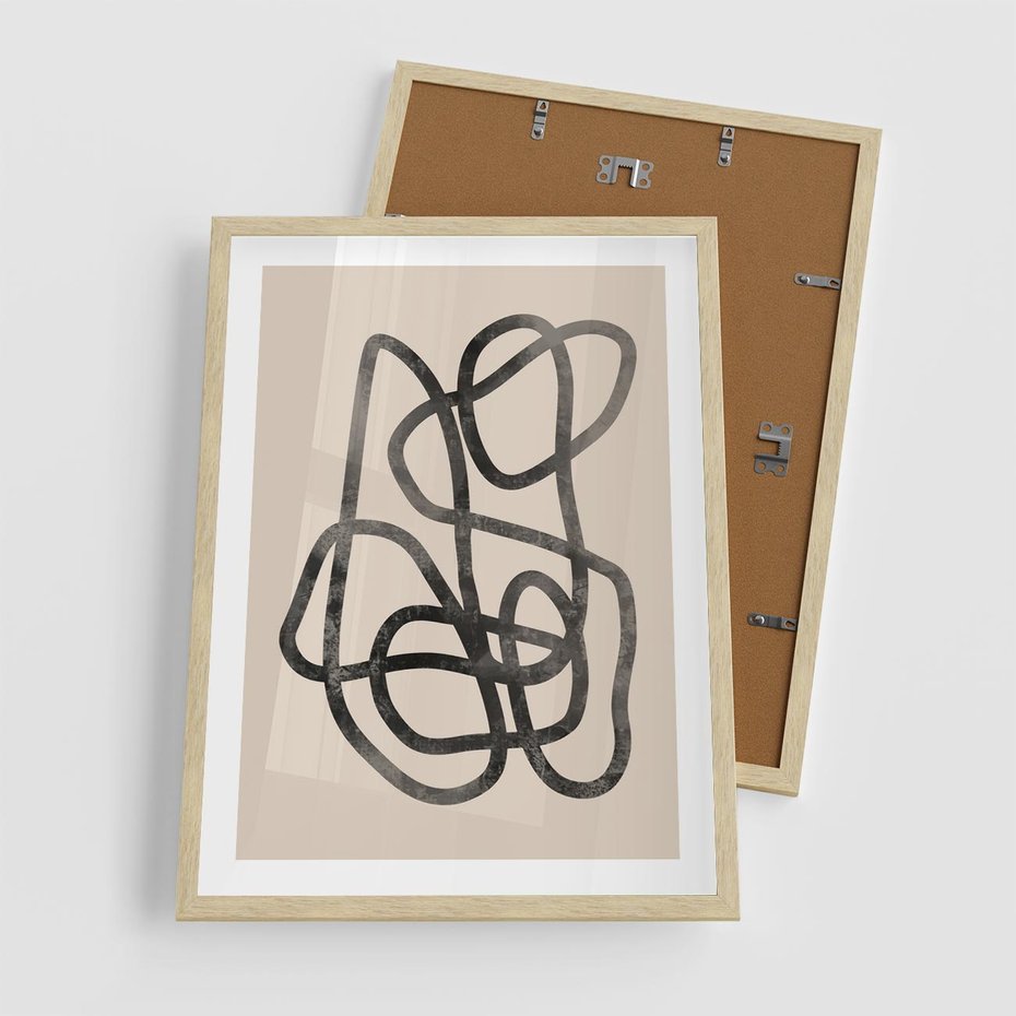 Plakat w ramie 50x70 - Przenikanie Wirtualnych Wymiarów - zaplątane minimalistyczne linie, na bezowym tle - rama drewno