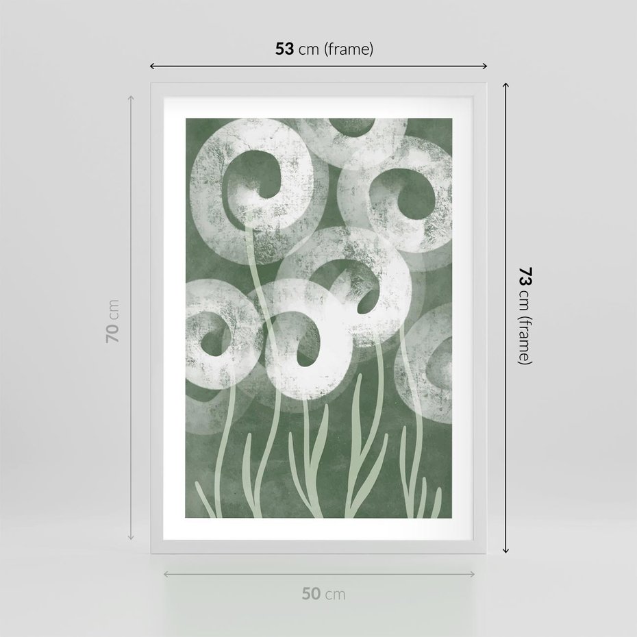 Plakat w ramie 50x70 - Spokojne Plamy Natury - zielony plakat, roślinne motywy - rama biała