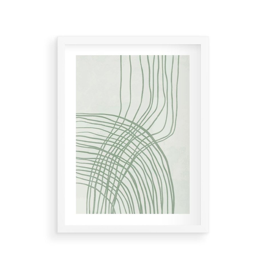 Plakat w ramie 30x40 - Migotliwa Spokojna Zieleń - zielony plakat, abstrakcyjne splątane linie - rama biała