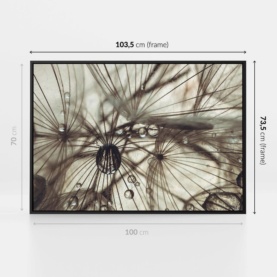 Obraz w ramie 100x70 - Lekkie dmuchawce - dmuchawce, krople - rama czarna