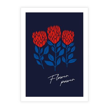 Plakat bez ramy 21x30 - Podróżne Barwy - czerwone abstrakcyjne kwiaty, granatowe tło