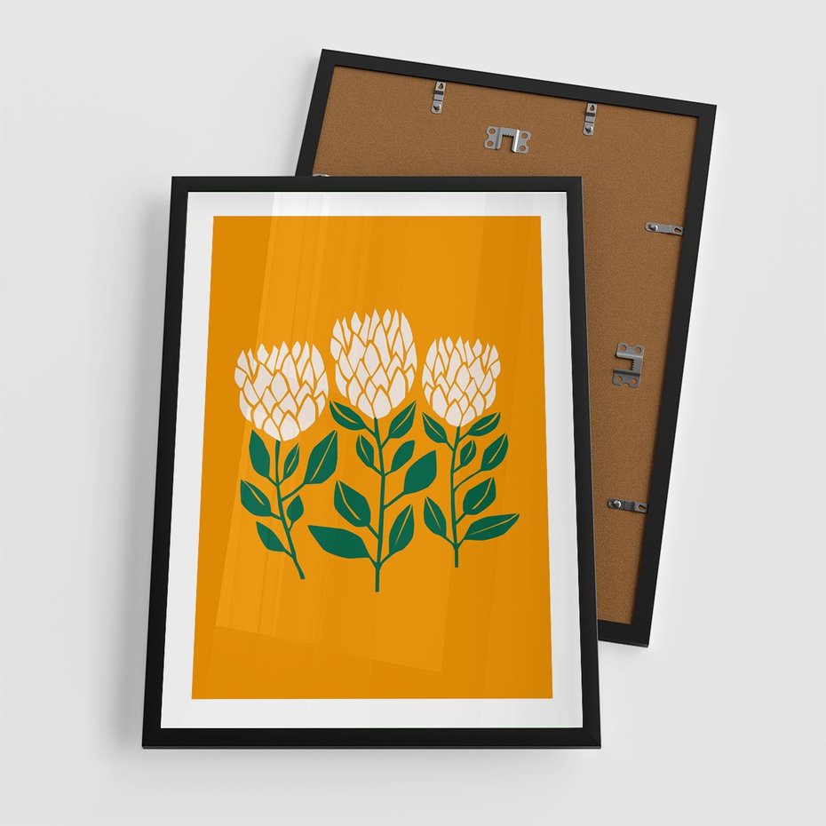 Plakat w ramie 50x70 - Kolorowe Impresje - abstrakcyjna kwiatowa kompozycja, żółte mocne tło - rama czarna