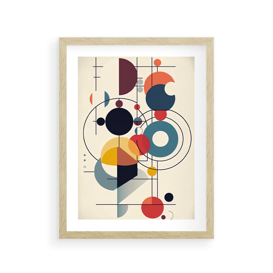 Plakat w ramie 30x40 - Rozbijające Barwne Granice - abstrakcyjna geometryczna kompozycja, koła linie - rama drewno