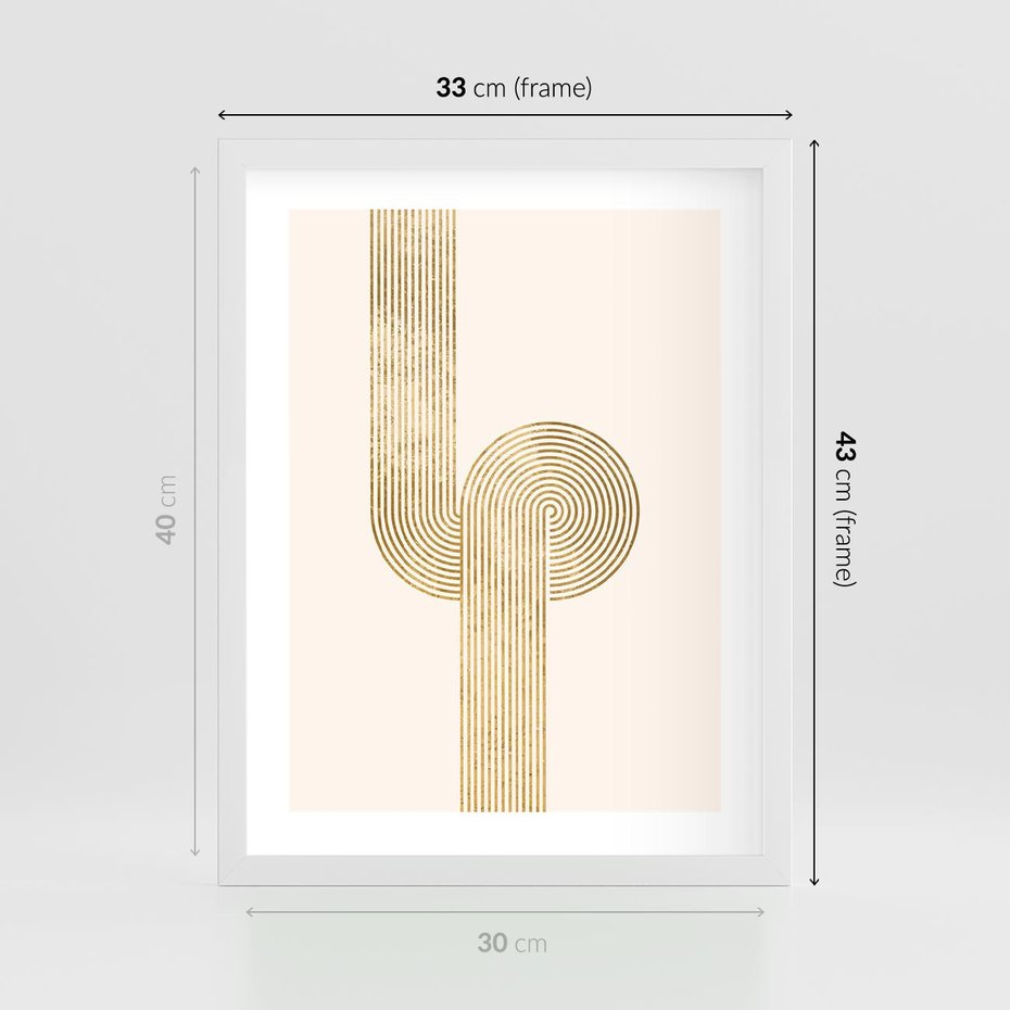 Plakat w ramie 30x40 - Podróżne Kształty - geometryczne linie w złotym kolorze, minimalizm - rama biała