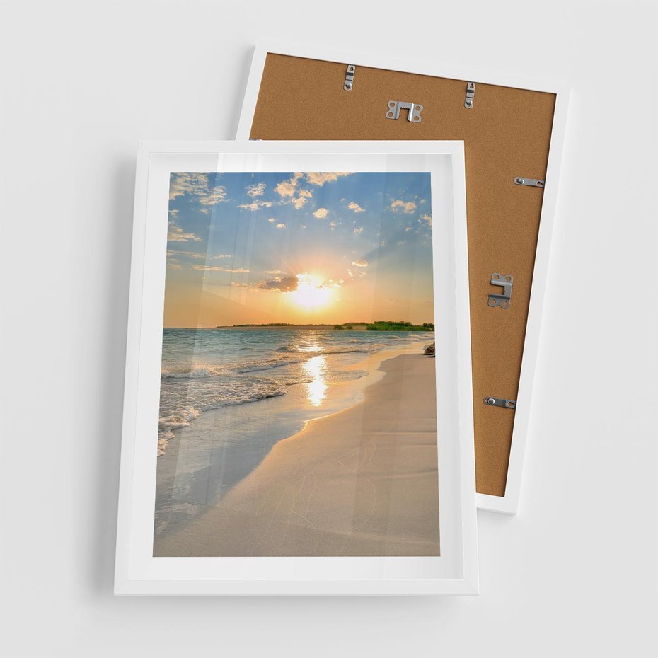 Plakat w ramie 50x70 - Zachód słońca na plaży - plaża, zachód - rama biała