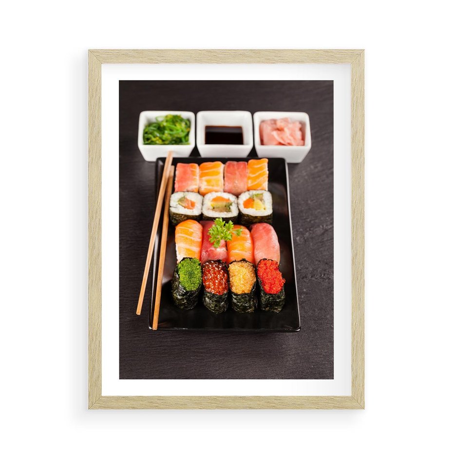 Plakat w ramie 50x70 - Kulinarne podróże do Japonii - sushi, japonia - rama drewno