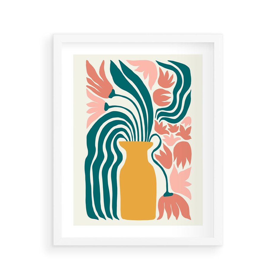 Plakat w ramie 40x50 - Kolorowe Pasmo - abstrakcyjne kwiaty w wazonie, pdastelowe kolory - rama biała