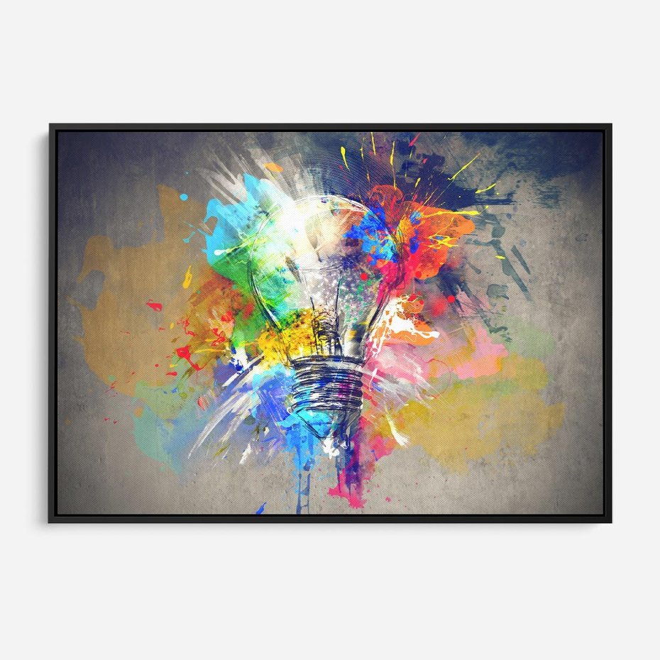 Obraz w ramie 70x50 - Kolory Kreatywnej Koncepcji - abstrakcyjna grafika, szkic żarówki - rama czarna