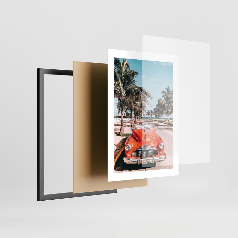 Plakat w ramie 30x40 - Retro Przejażdżka - pomarańczowy retro samochód, kabriolet - rama czarna