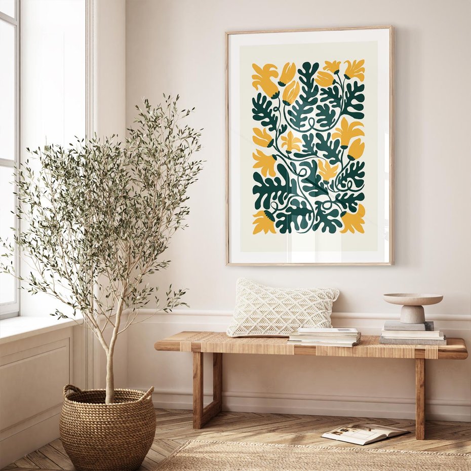 Plakat w ramie 50x70 - Impulsy Kreatywności - abstrakcyjne żółte kwiaty, kompozycja - rama drewno