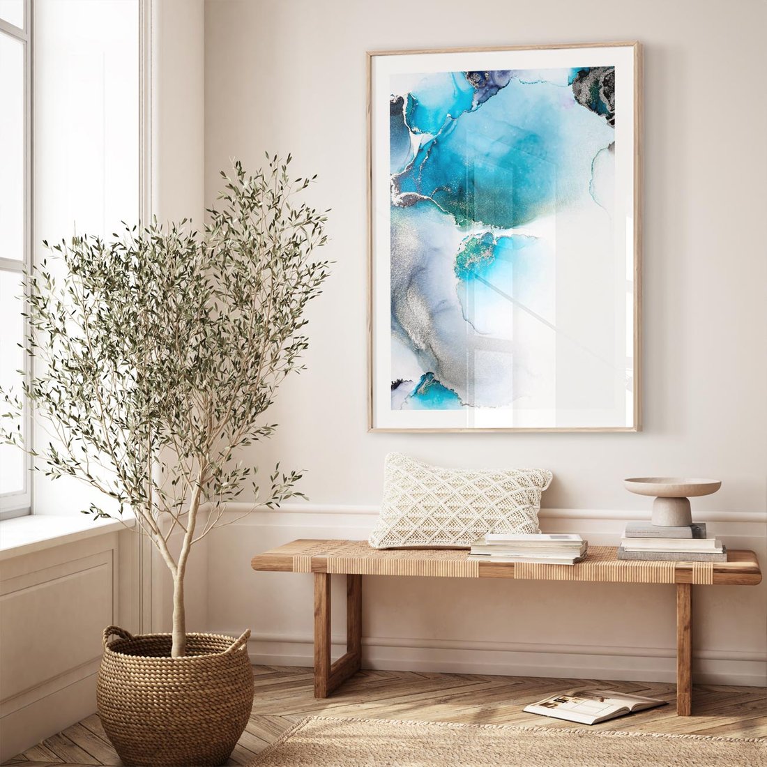 Plakat w ramie 40x50 - Elegancja Marmuru - marmur, błękit - rama drewno