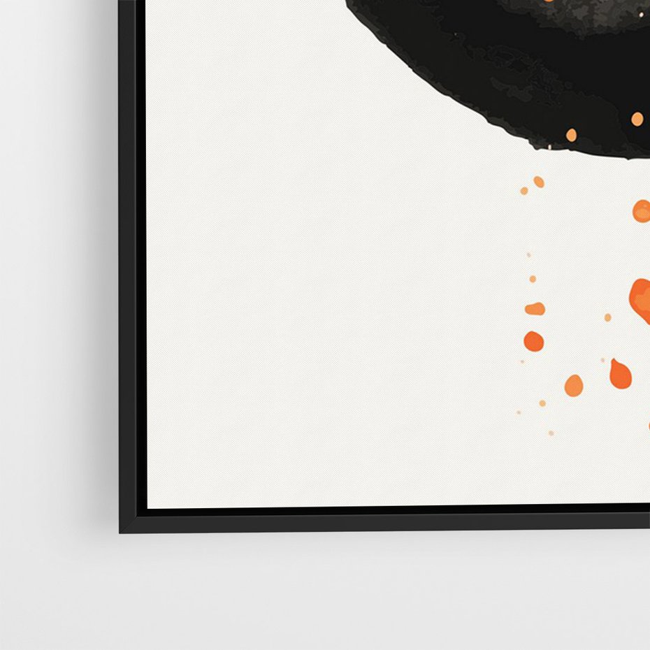 Obraz w ramie 70x100 - Wnętrza Marzeń - abstrakcyjna czarna plama, rozsiane pomarańczowe kropki - rama czarna