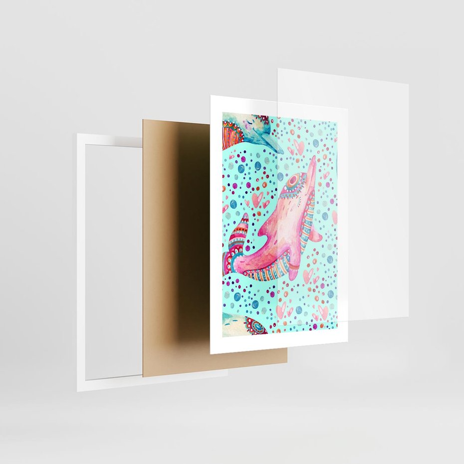 Plakat w ramie 30x40 - Lekkość W Ruchu - delfin, akwarela - rama biała