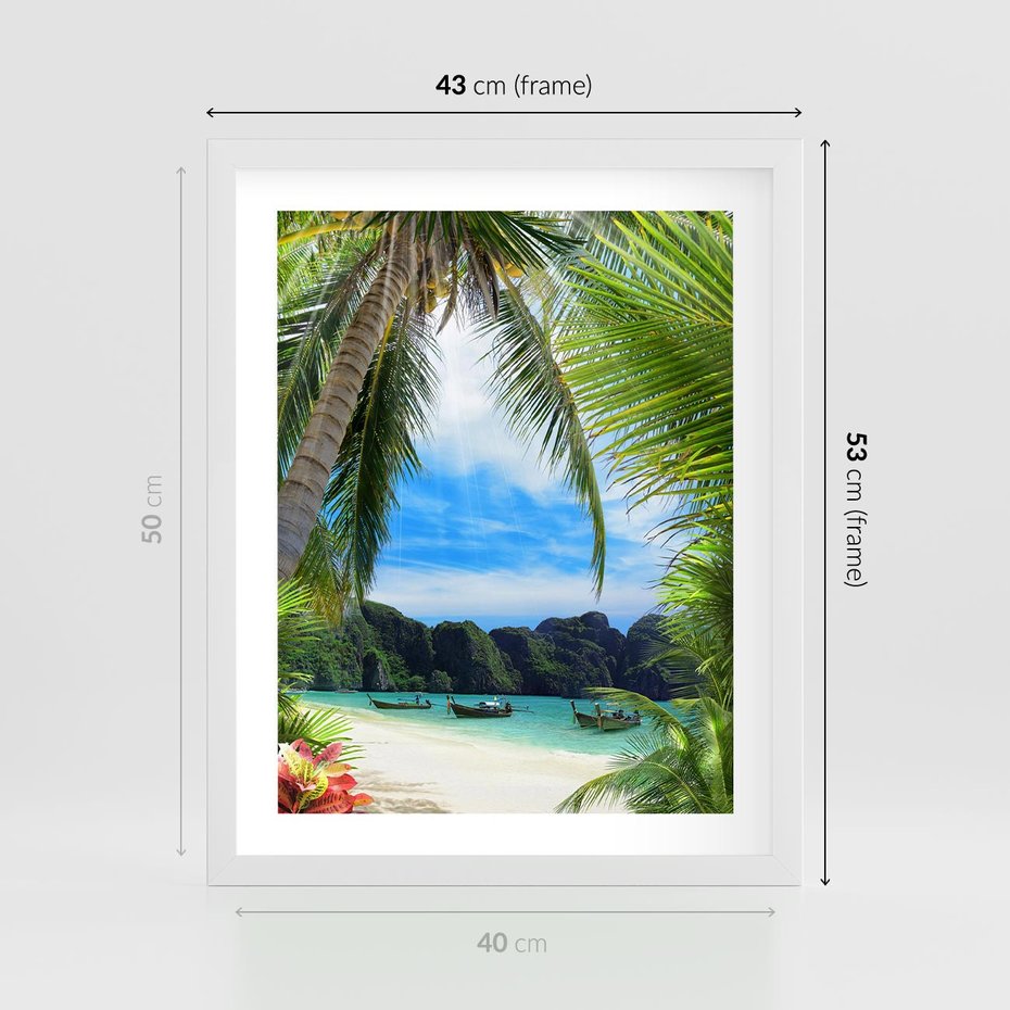 Plakat w ramie 40x50 - Palmy tańczące na tropikalnej plaży - palmy, plaża - rama biała